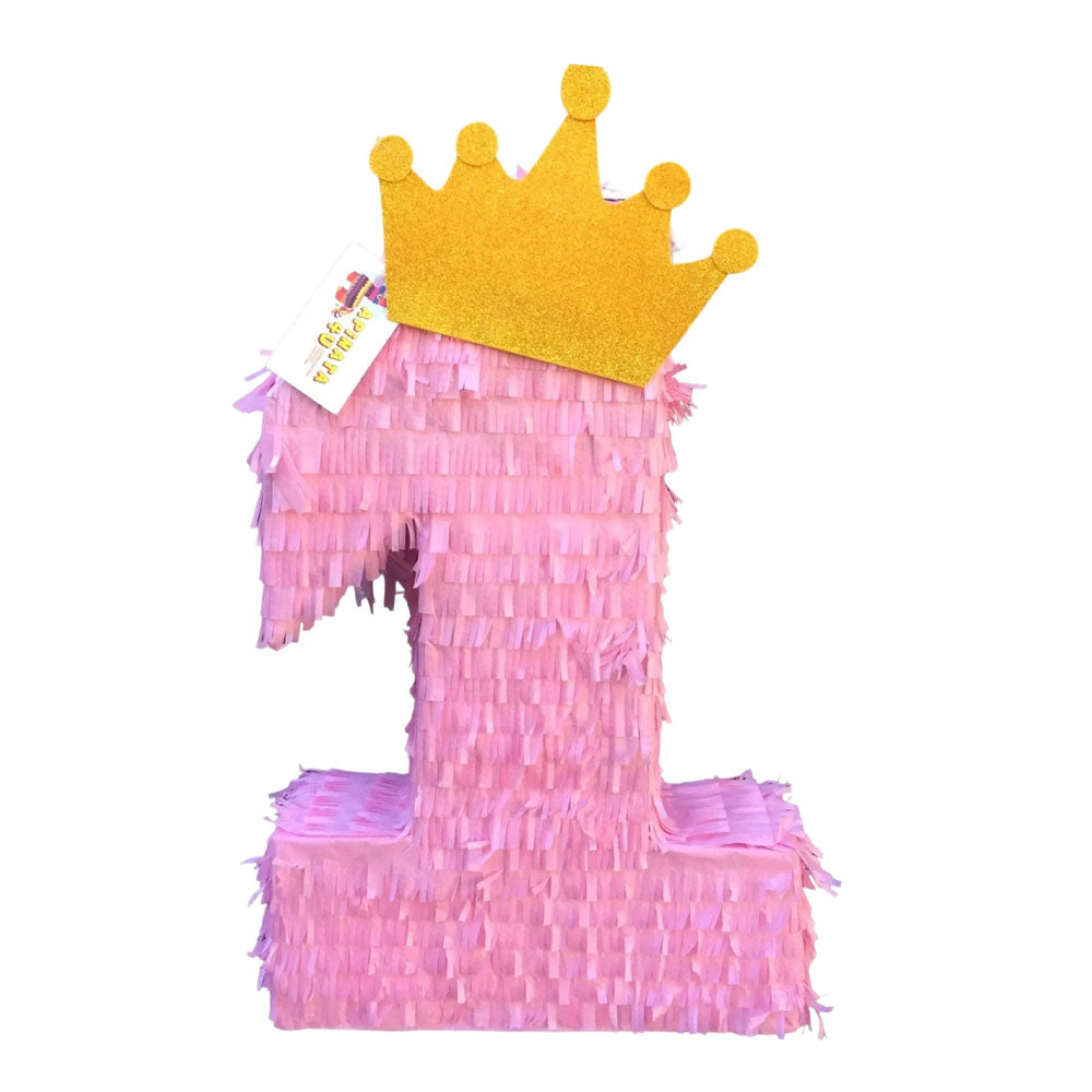 Tall Number One Pinata Pink Color with Gold Crown