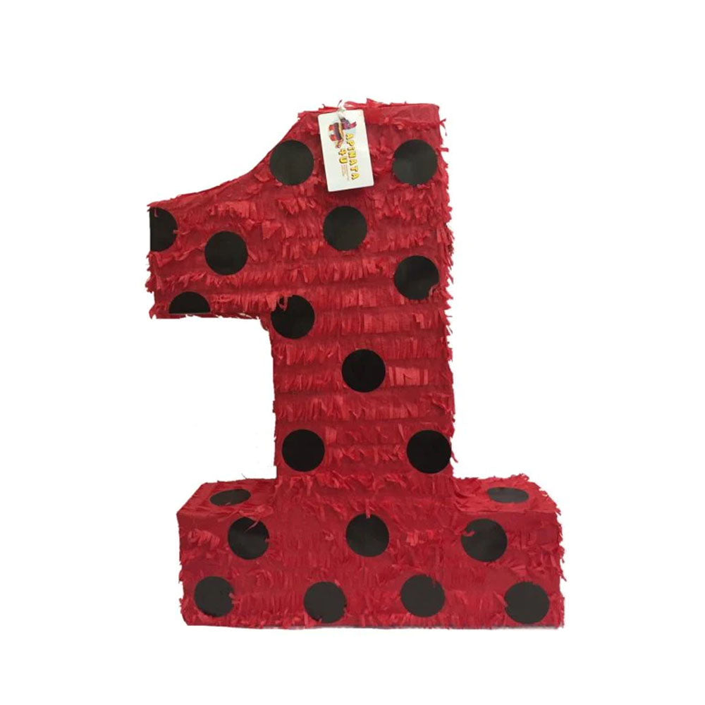 Large Number One Pinata Red Color with Black Polka Dots