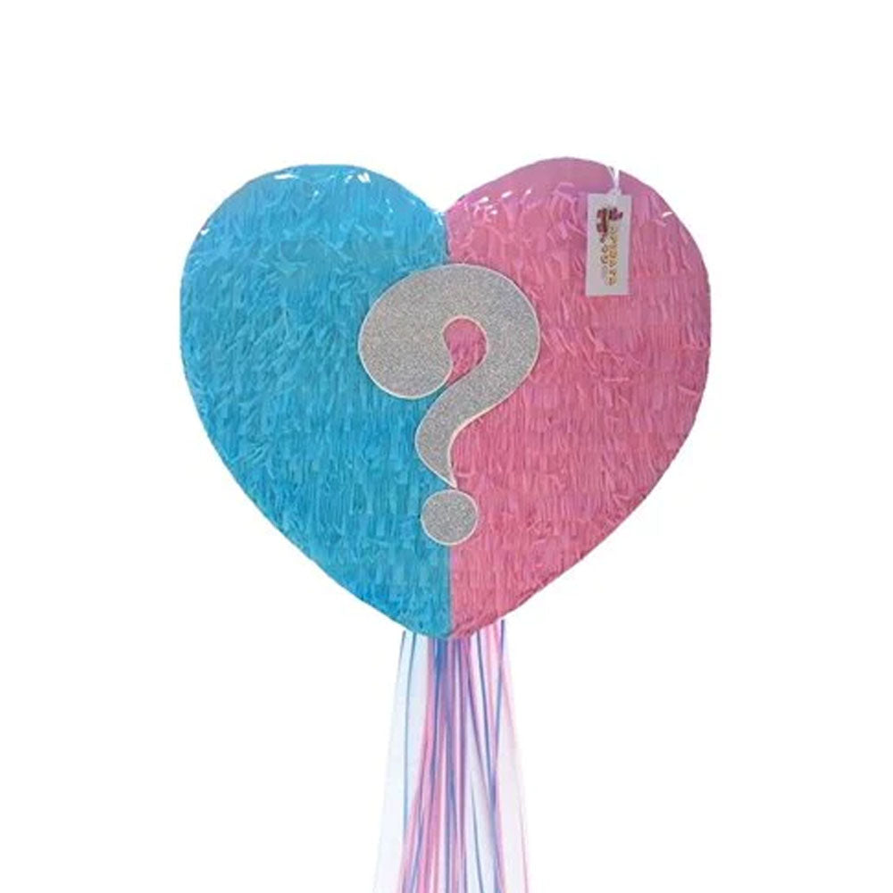 Gender Reveal Heart Pinata with Silver Question Mark Pull Strings Style