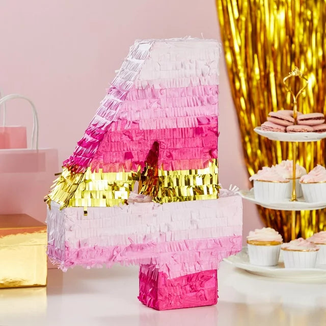 Number 4 Pinata, Pink and Gold Foil for Girls 4th Birthday Party