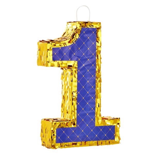 Small Royal Blue and Gold #1 Pinata, Birthday Pinata 16.5 x 10.6 x 3 In
