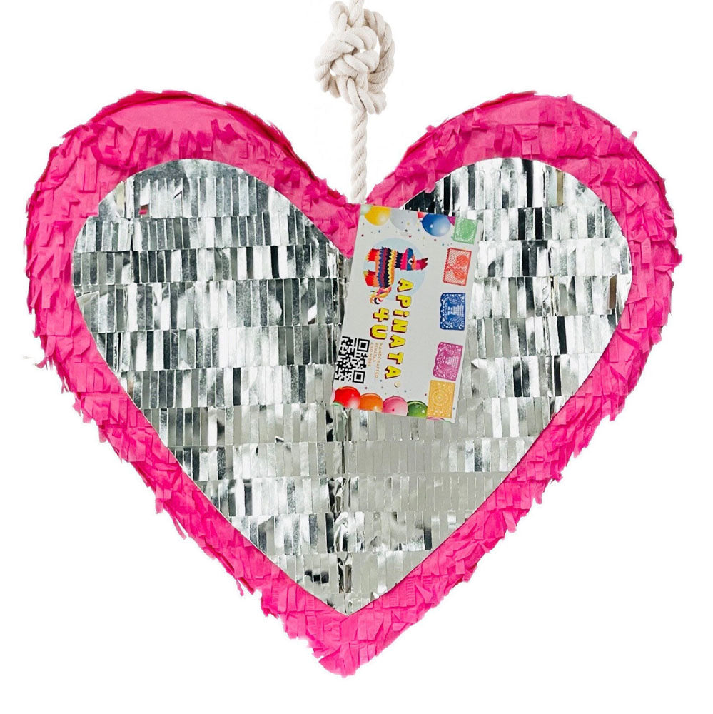 HOT PINK AND SILVER HEART SHAPED PINATA