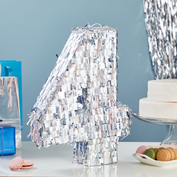Small Number 4 Pinata, Silver Holographic Foil Party Decorations for Kids 4th Birthday Centerpiece, 15.7 x 9 x 3 in