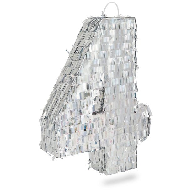 Small Number 4 Pinata, Silver Holographic Foil Party Decorations for Kids 4th Birthday Centerpiece, 15.7 x 9 x 3 in