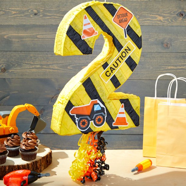 Number 2 Pull String Pinata for Kids Boys 2nd Construction Birthday Party