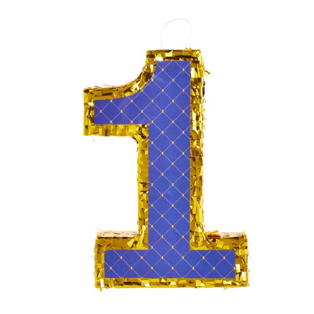 Small Royal Blue and Gold #1 Pinata, Birthday Pinata 16.5 x 10.6 x 3 In