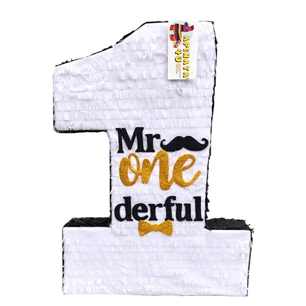 Large Number One Pinata Mr Onederful Theme White Gold & Black Accents