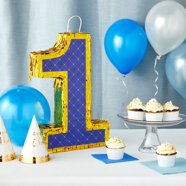 Small Royal Blue and Gold #1 Pinata, Birthday Pinata 16.5 x 10.6 x 3 In