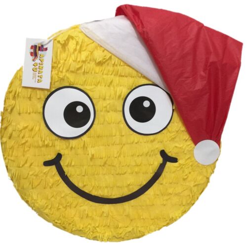 Yellow Smiling Emoticon Pinata With Santa Claus Hat