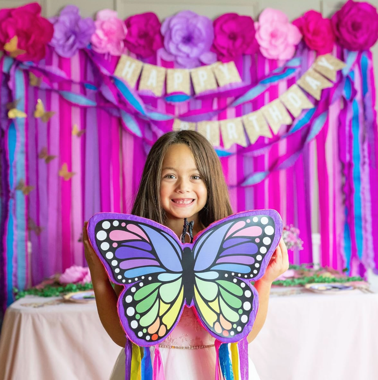 Rainbow Butterfly Pinata with Colorful Streamers