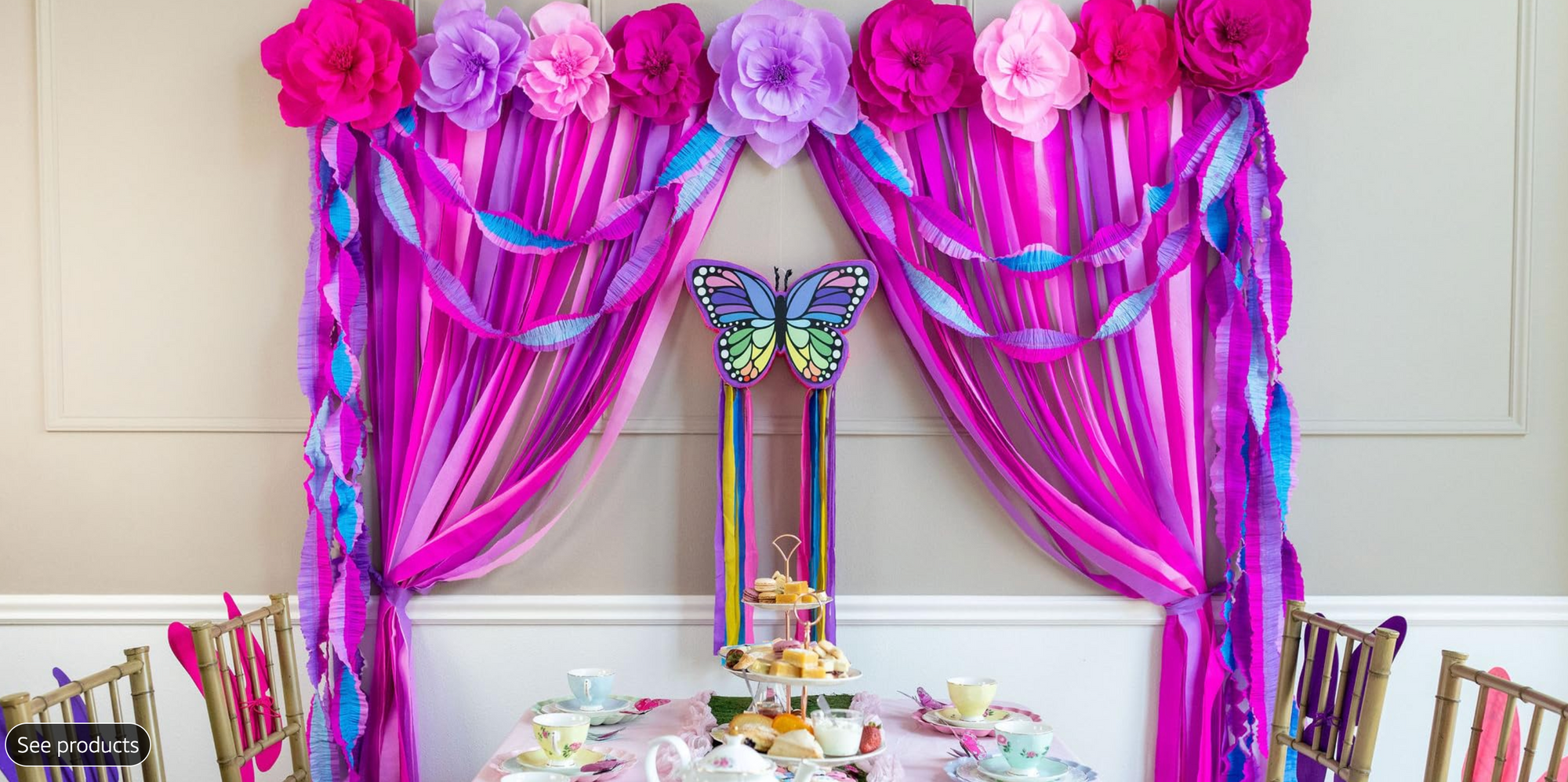 Rainbow Butterfly Pinata with Colorful Streamers