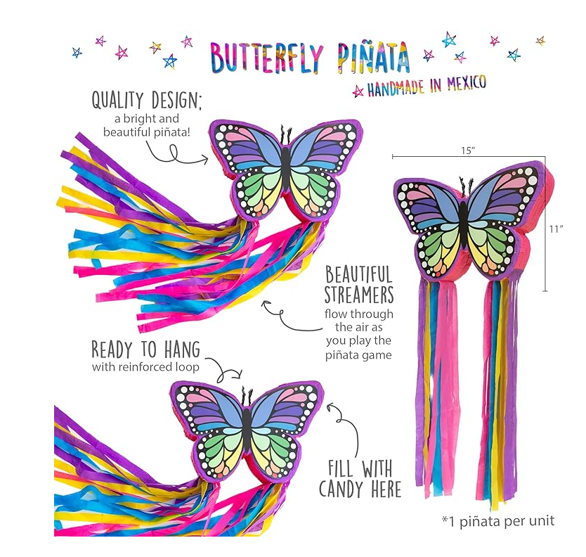 Rainbow Butterfly Pinata with Colorful Streamers