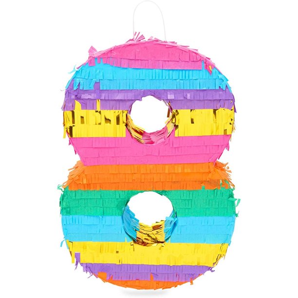 Small Rainbow Number 8 Pinata for Kids 8th Birthday Party Decorations, 14 x 13 in.