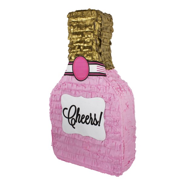 Cheers Champagne Bottle Pinata, Pink & Gold, 11in x 20in