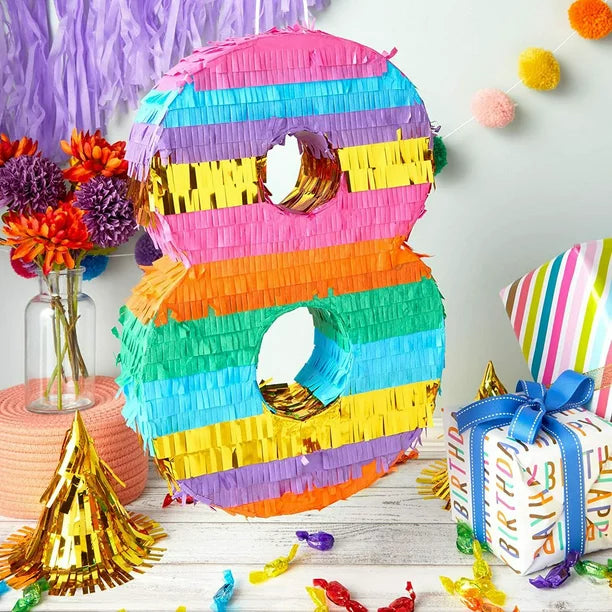 Small Rainbow Number 8 Pinata for Kids 8th Birthday Party Decorations, 14 x 13 in.