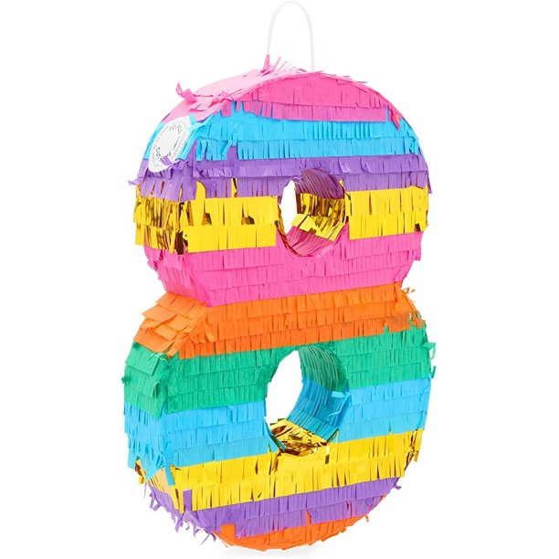 Small Rainbow Number 8 Pinata for Kids 8th Birthday Party Decorations, 14 x 13 in.